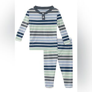 Kickee Pants long sleeve Henley pajama set in fairground stripe, size 6